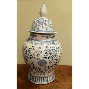 18" Inch Vintage Blue and White Chinese Hand Painted Ginger Temple Jar Flowers